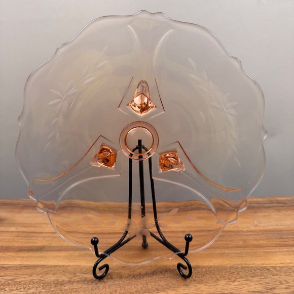 Lancaster Other - Vintage Pink Depression Glass 3 Footed Etched Floral Scalloped Console Bowl 8.5"